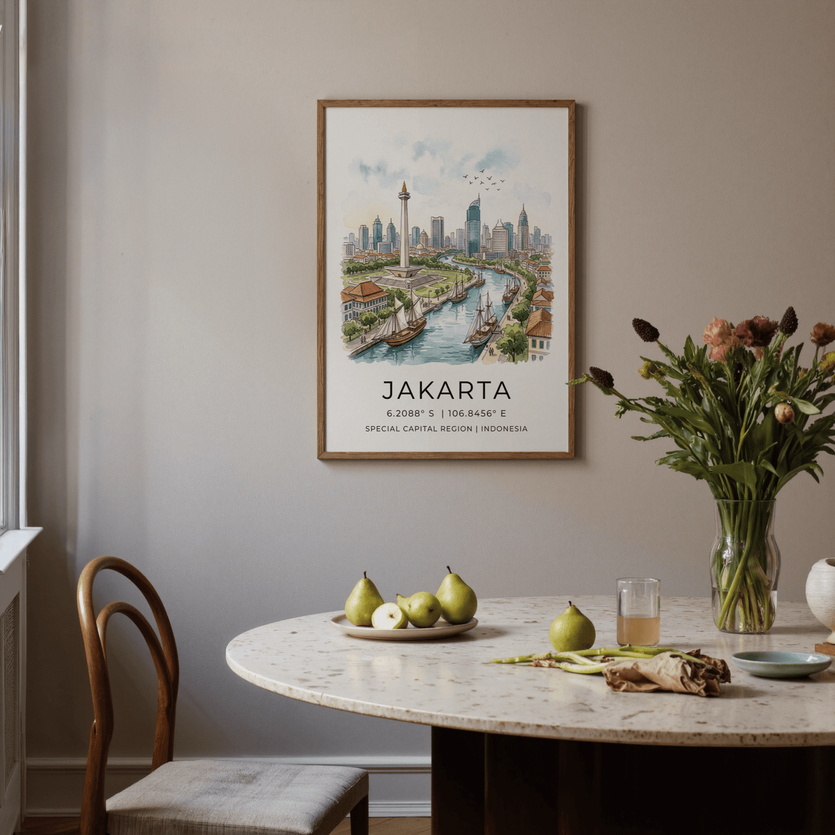 Presenting a cityscape wall art print of Jakarta with birds in the sky over the skyline
