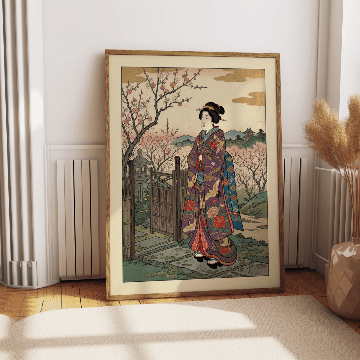 Vintage wall art print showing a kimono figure in a garden with flowering branches and distant hills