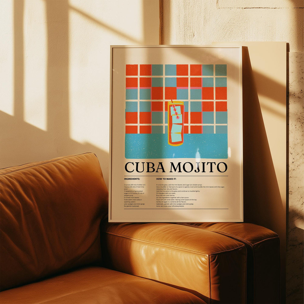 Illustrated Cuban Mojito recipe print with mint and lime garnish.