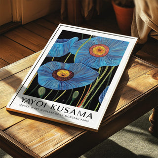 Bold big flower wall art with vivid floral detail in blue and orange