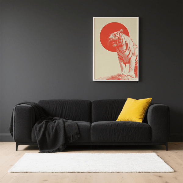 Bold Tiger Wall Art in red and beige, striking office art print