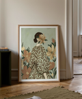 Woman with Flowers wall art, green beige accents, hallway print
