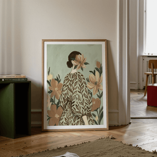 Woman with Flowers wall art, green beige accents, hallway print