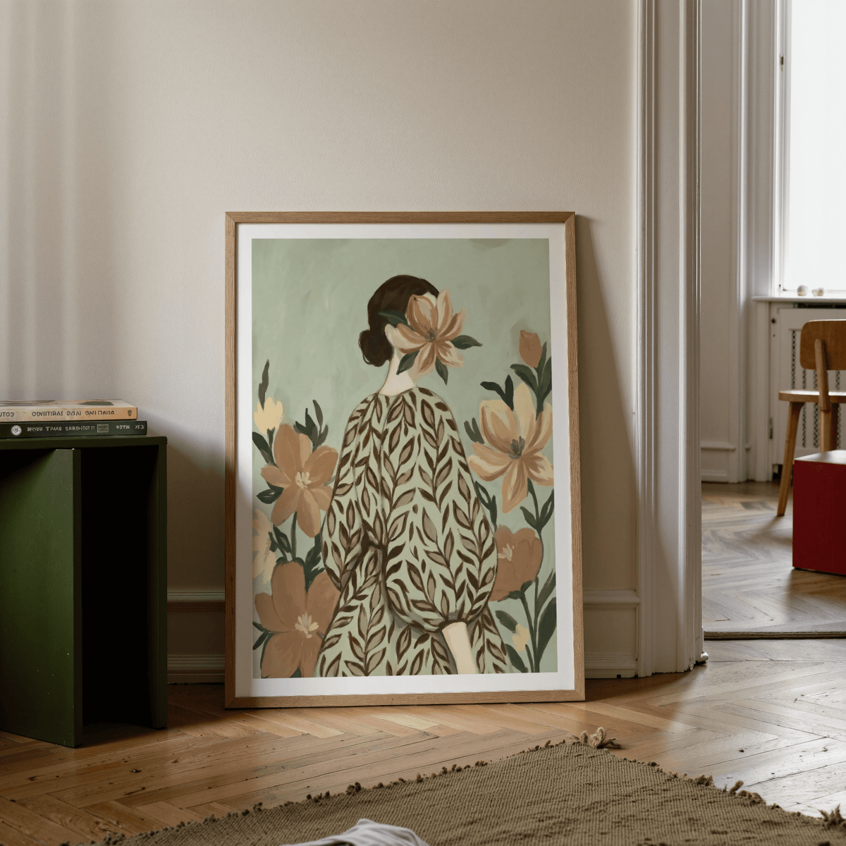 Woman with Flowers wall art, green beige accents, hallway print