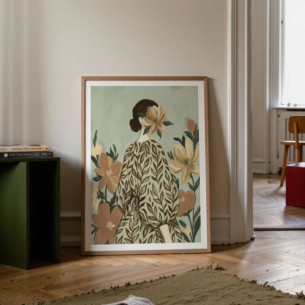 Woman with Flowers wall art, green beige accents, hallway print