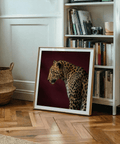 Side-view leopard wall art showing defined ear silhouette and sharp fur texture