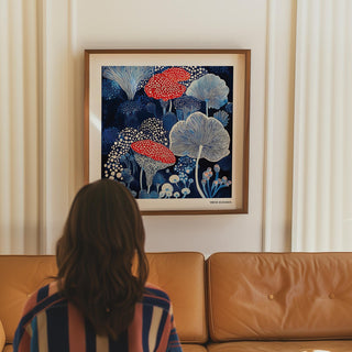 Red-capped mushrooms pop in this mushroom poster filled with dotted textures.