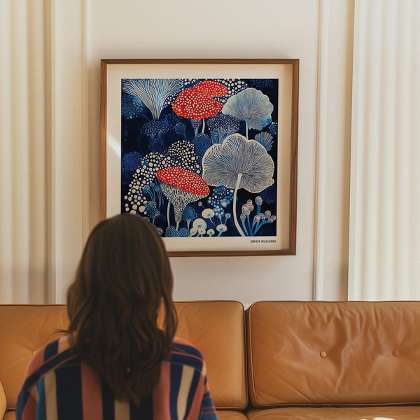 Red-capped mushrooms pop in this mushroom poster filled with dotted textures.