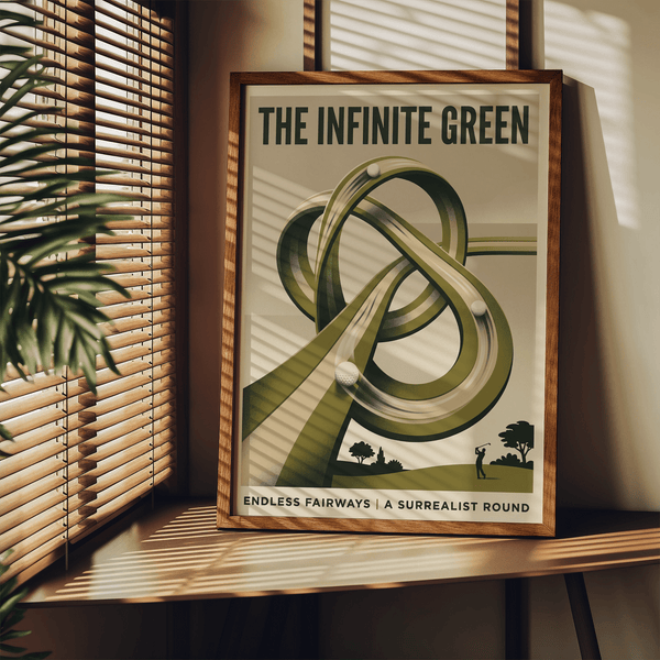 Lower scene with golfer silhouette on horizon in Surrealist Golf Art Print poster