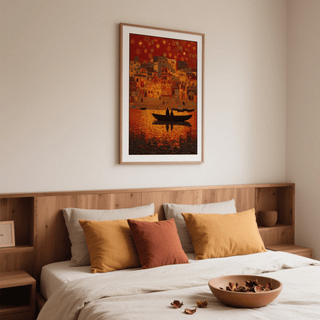 Indian Sunset Wall Art artwork framed on a wall with wide water foreground and boats