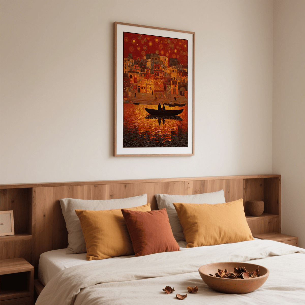 Indian Sunset Wall Art artwork framed on a wall with wide water foreground and boats