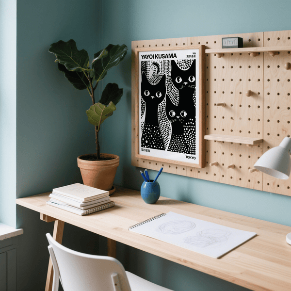 Three black cats poster with polka dot patterns in black and white