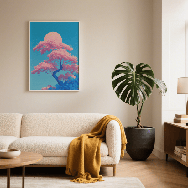 Japanese Cherry Blossom Print pastel poster for living room in pink and blue
