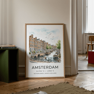 Detailed Amsterdam Canal Art Print poster with canal houses and arched bridges