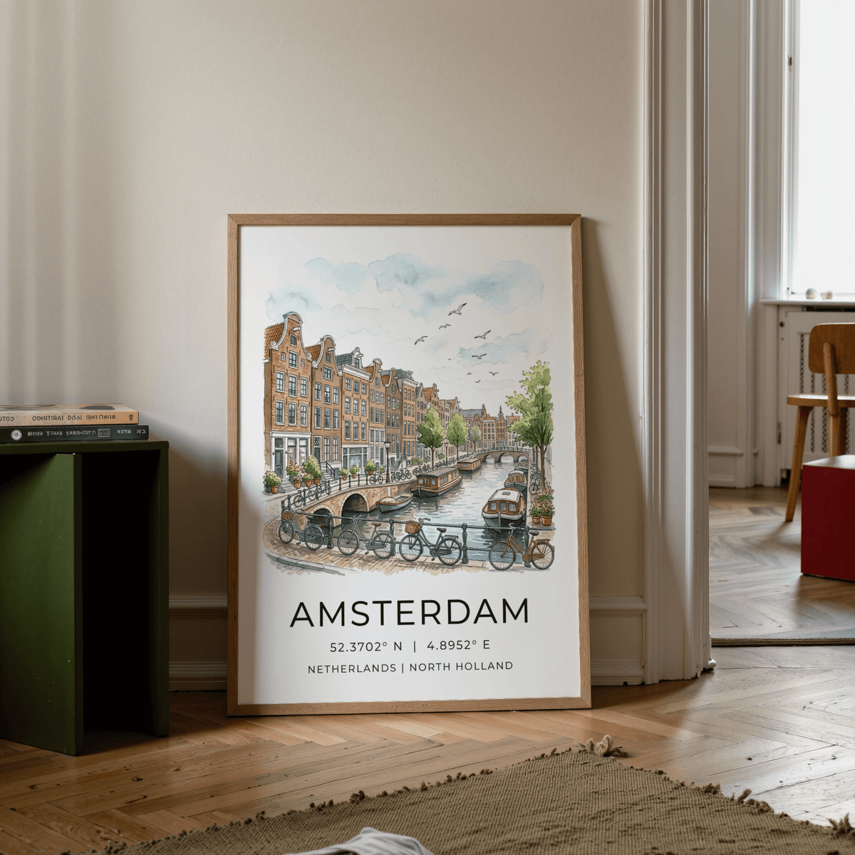 Detailed Amsterdam Canal Art Print poster with canal houses and arched bridges