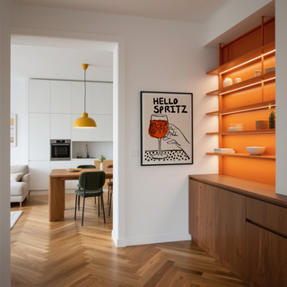 Modern beverage wall art print with citrus slice in a spritz and brushy black lettering