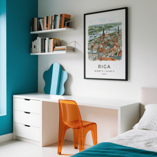 Illustrated Riga skyline poster featuring historic rooftops and distant bridges