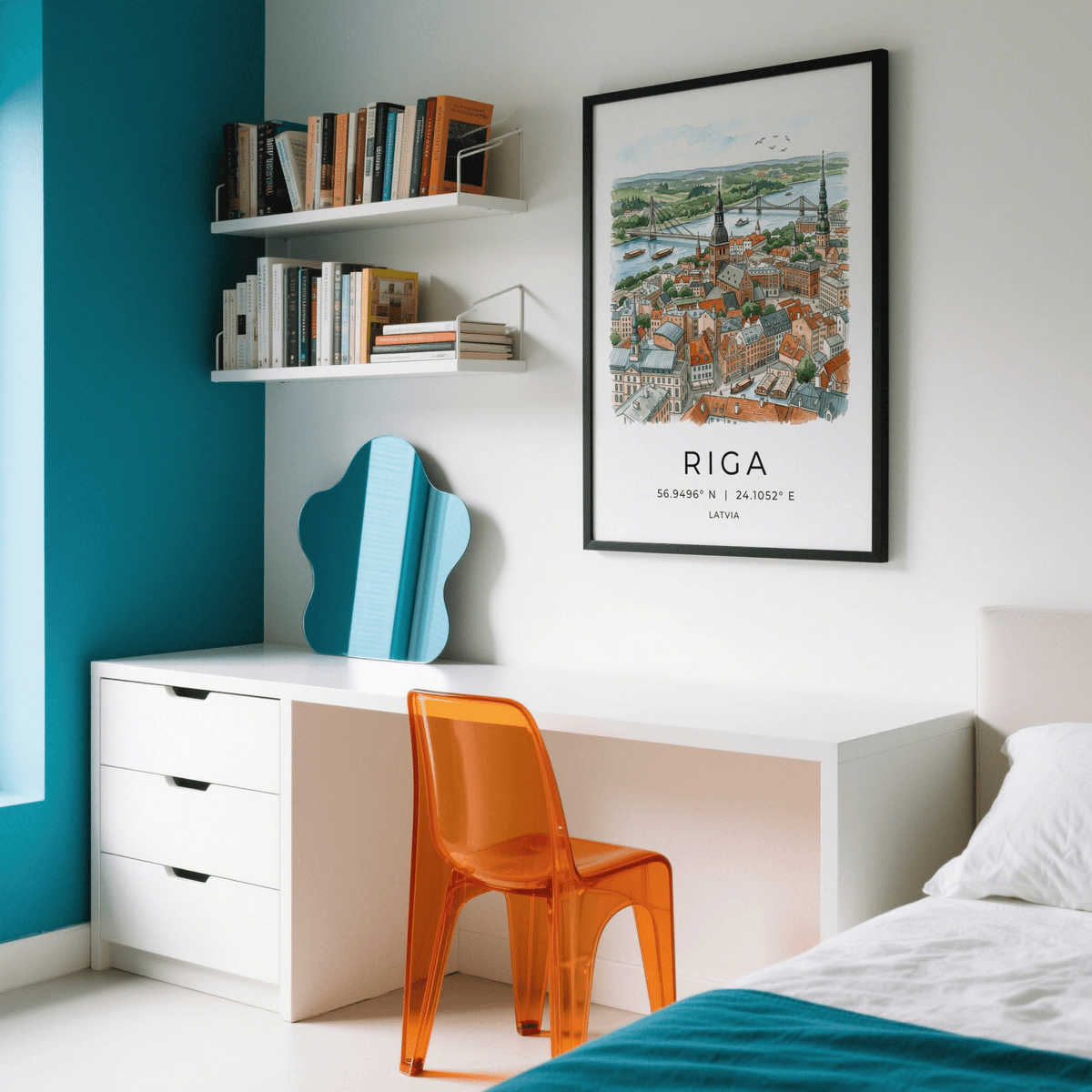 Illustrated Riga skyline poster featuring historic rooftops and distant bridges