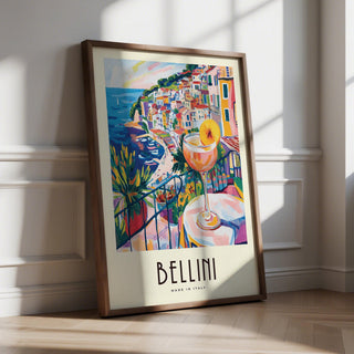 Bellini cocktail glass in Italian Style Cocktail Wall Art with view of coastal town.