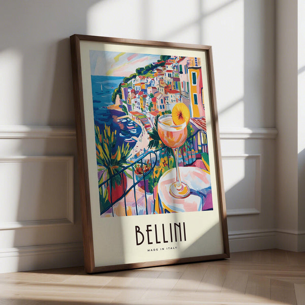 Bellini cocktail glass in Italian Style Cocktail Wall Art with view of coastal town.
