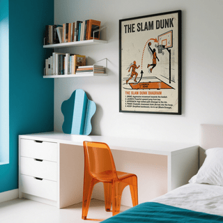 Action scene of two players with one dunking at rim on basketball instructional wall art print