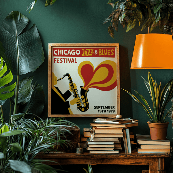 Mid-century Chicago Blues Print in Black and Beige for home office