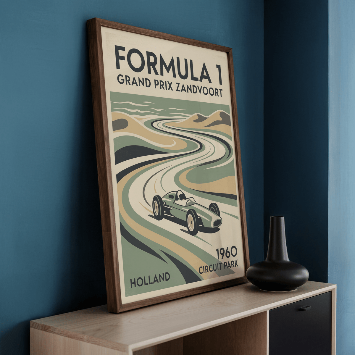 Grand Prix Zandvoort Print in Green, Blue, Beige palette highlighting winding racetrack perspective