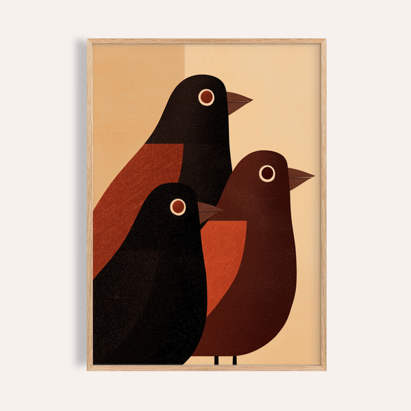Abstract Bird Wall Art poster with three geometric bird silhouettes in warm earth tones