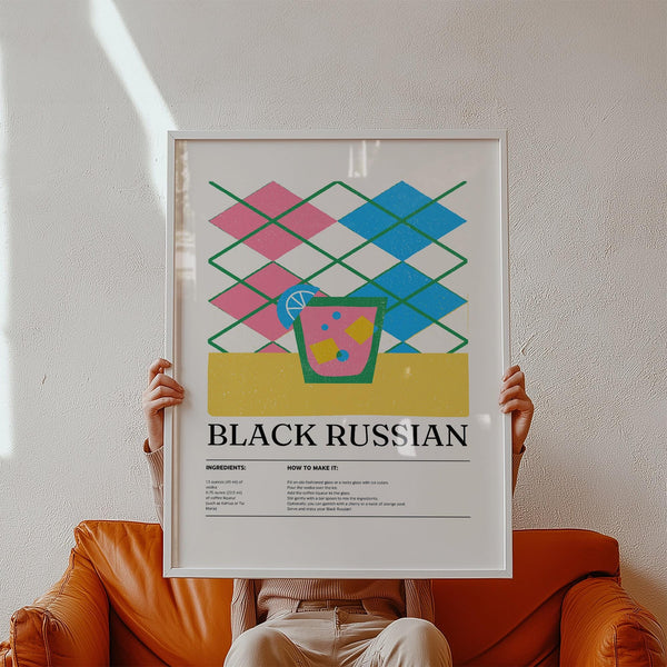 Home bar wall art print of Black Russian cocktail with retro diamond background.