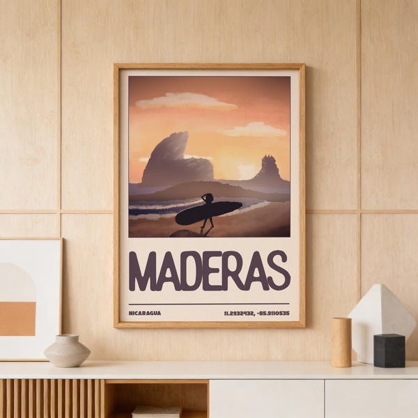 Surfer silhouette carrying longboard beside layered gradient sea and sky