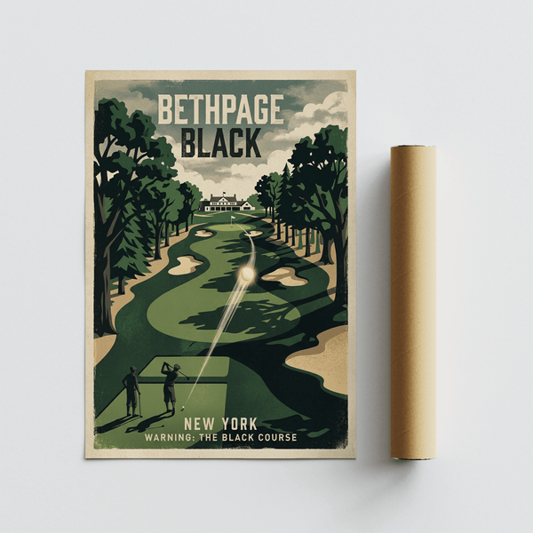 Bethpage Black Golf Print graphic design highlighting flight path and green
