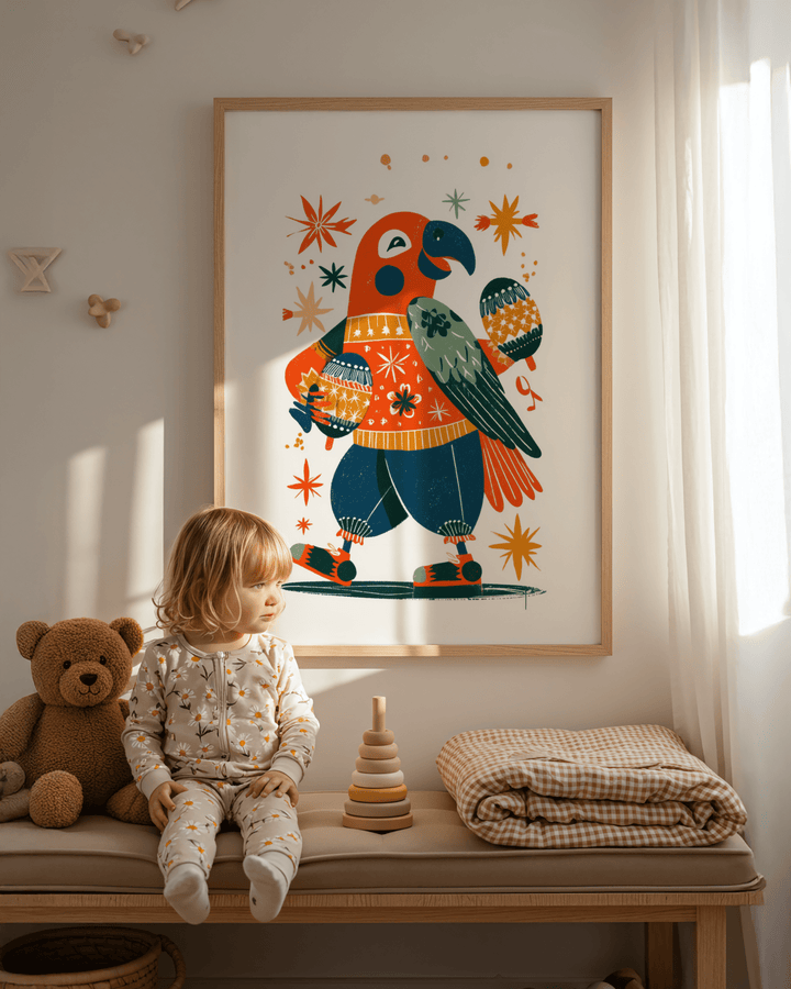 Playful Animal Poster print of a parrot with maracas in folk-art style on a nursery wall with toys