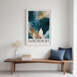 Botanical artwork poster with overlapping floral shapes in teal and blush