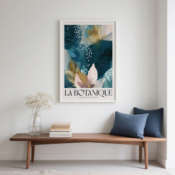 Botanical artwork poster with overlapping floral shapes in teal and blush
