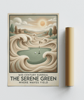 Mid-century Golf Wall Art with a putting green, golf ball, and swirling sand-like waves