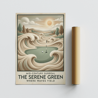 Mid-century Golf Wall Art with a putting green, golf ball, and swirling sand-like waves