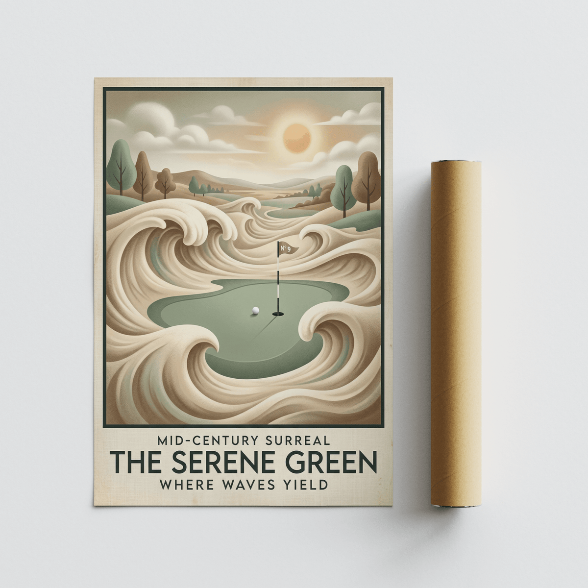 Mid-century Golf Wall Art with a putting green, golf ball, and swirling sand-like waves