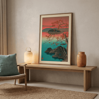 Studio mockup showing Hasui Kawase maple leaves print hanging in reading nook