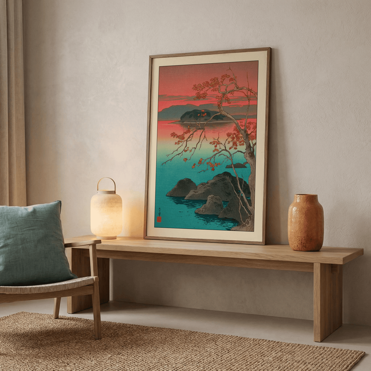 Studio mockup showing Hasui Kawase maple leaves print hanging in reading nook