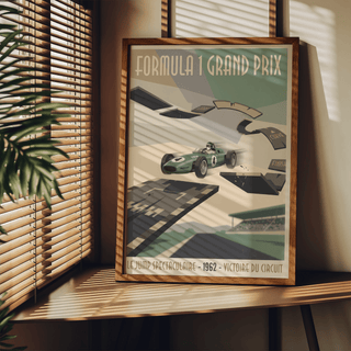 Angled track ramp and finish sign detail on a retro racing poster print