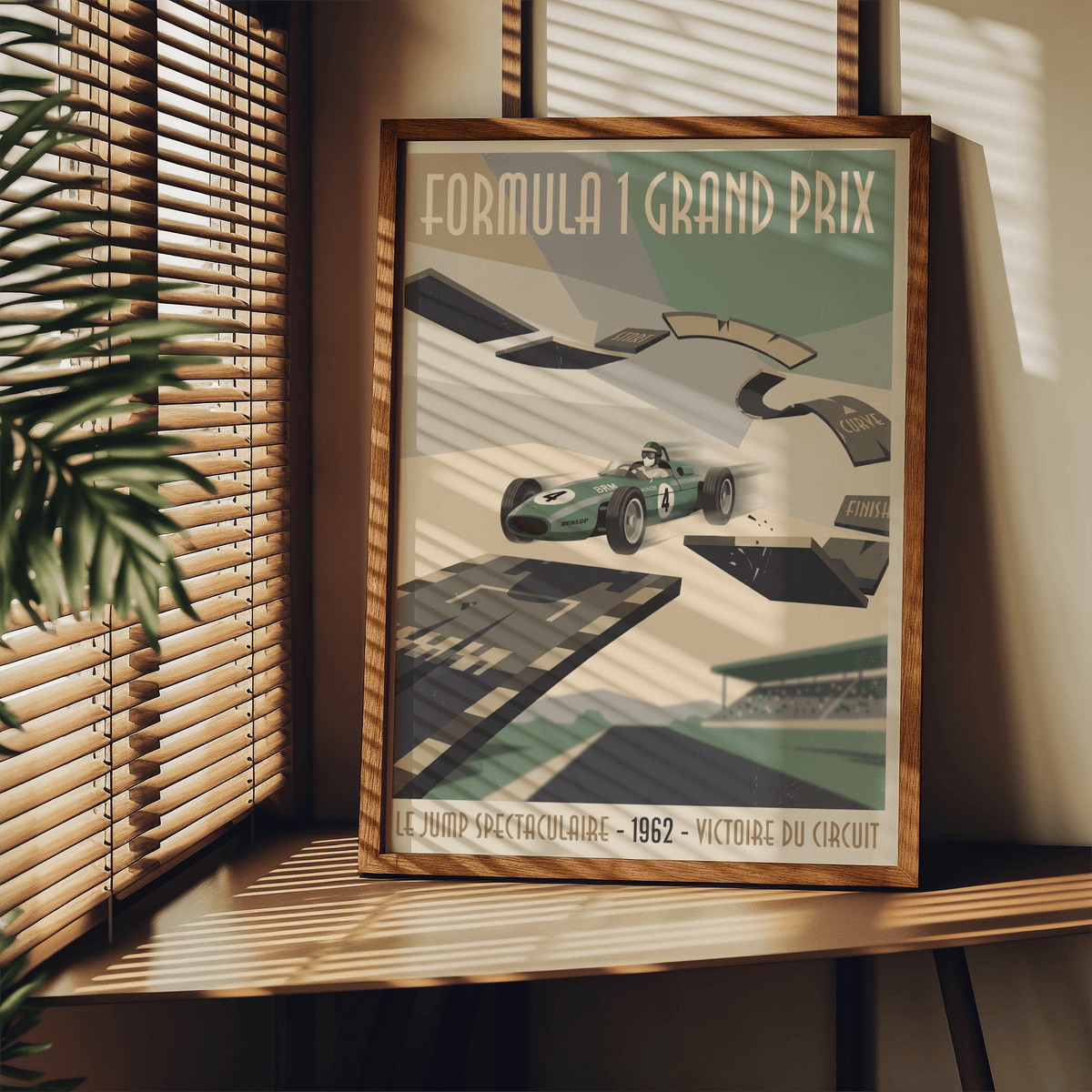 Angled track ramp and finish sign detail on a retro racing poster print
