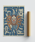 Text-and-illustration poster print showing “TSUCHIGUMO” label beneath a multi-eyed mask face