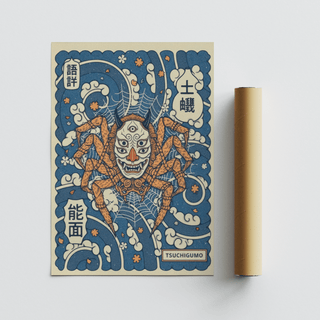 Text-and-illustration poster print showing “TSUCHIGUMO” label beneath a multi-eyed mask face