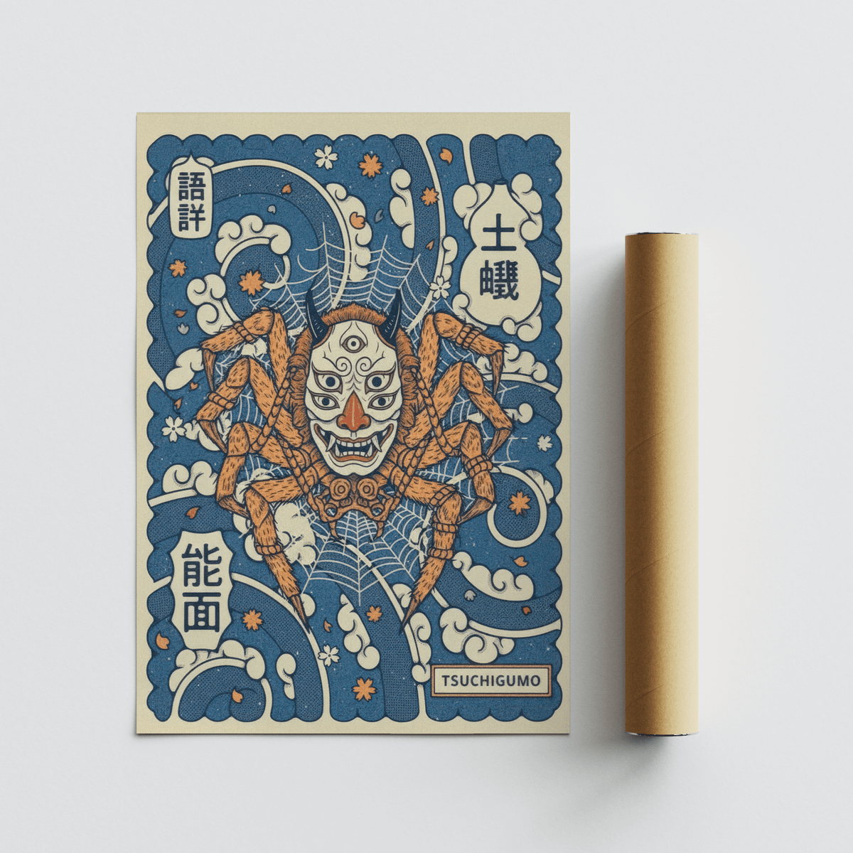 Text-and-illustration poster print showing “TSUCHIGUMO” label beneath a multi-eyed mask face