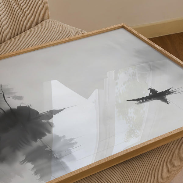 Japanese fisherman wall art showing lake reflections and gentle shoreline trees.