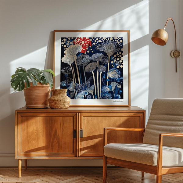 Modern Red and Blue Art with abstract botanical shapes