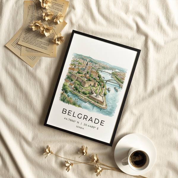 Belgrade City Art Print featuring hilltop fort, church spires, layered skyline