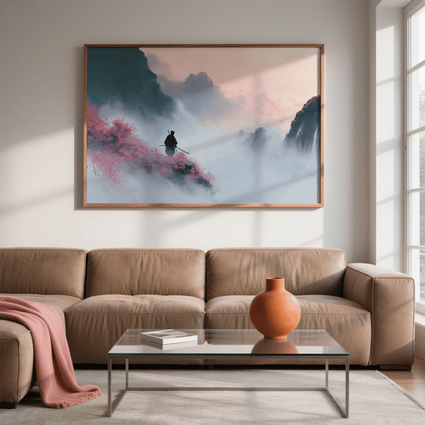Contemporary Samurai Mountain Wall Art in white, black, pink, and gray for modern spaces