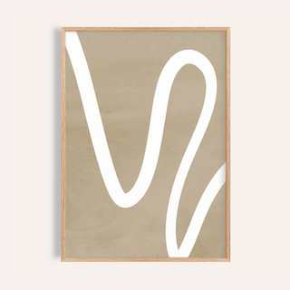 Framed print close-up of beige wall art with a white wavy line in a minimalist style