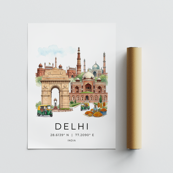 Minimal typography print displaying Delhi coordinates under monument silhouettes